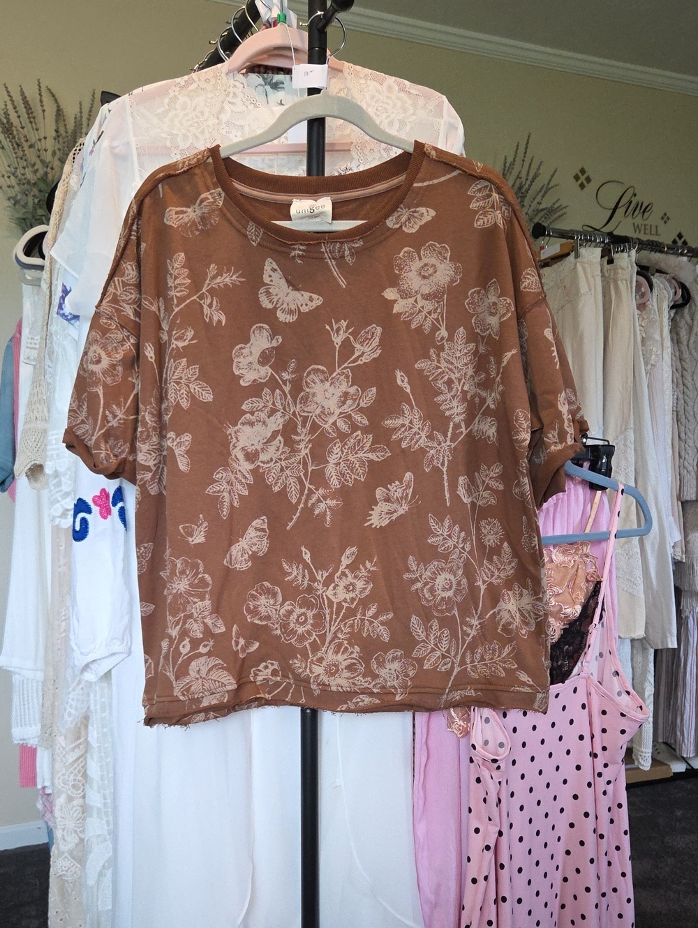 Umgee Brown Floral Short Sleeve Tee